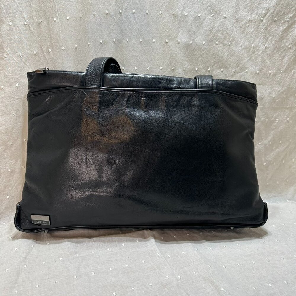 Perlina Black Leather Shoulder Tote